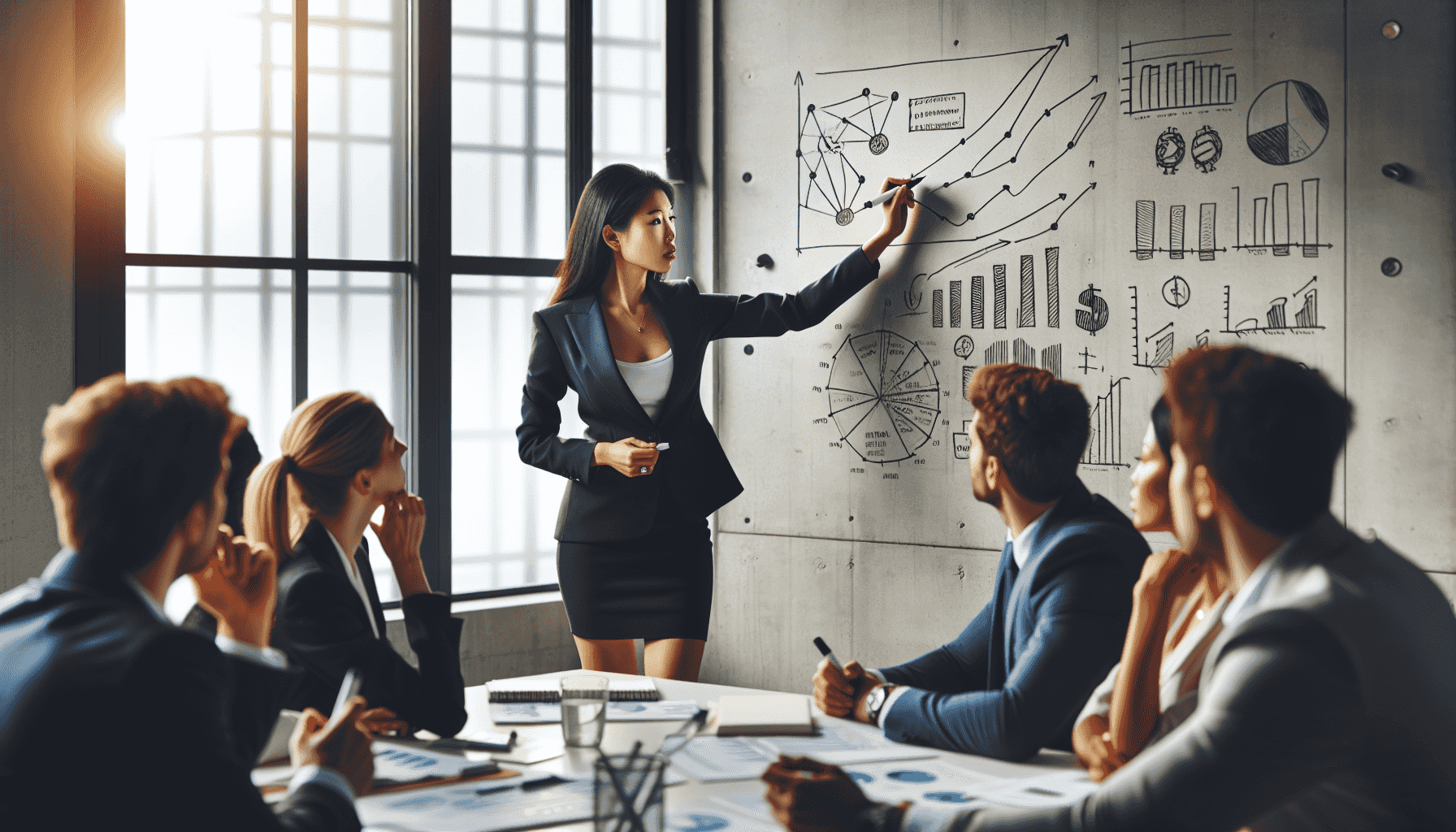 Consultor explicando estrategias financieras en una pizarra
